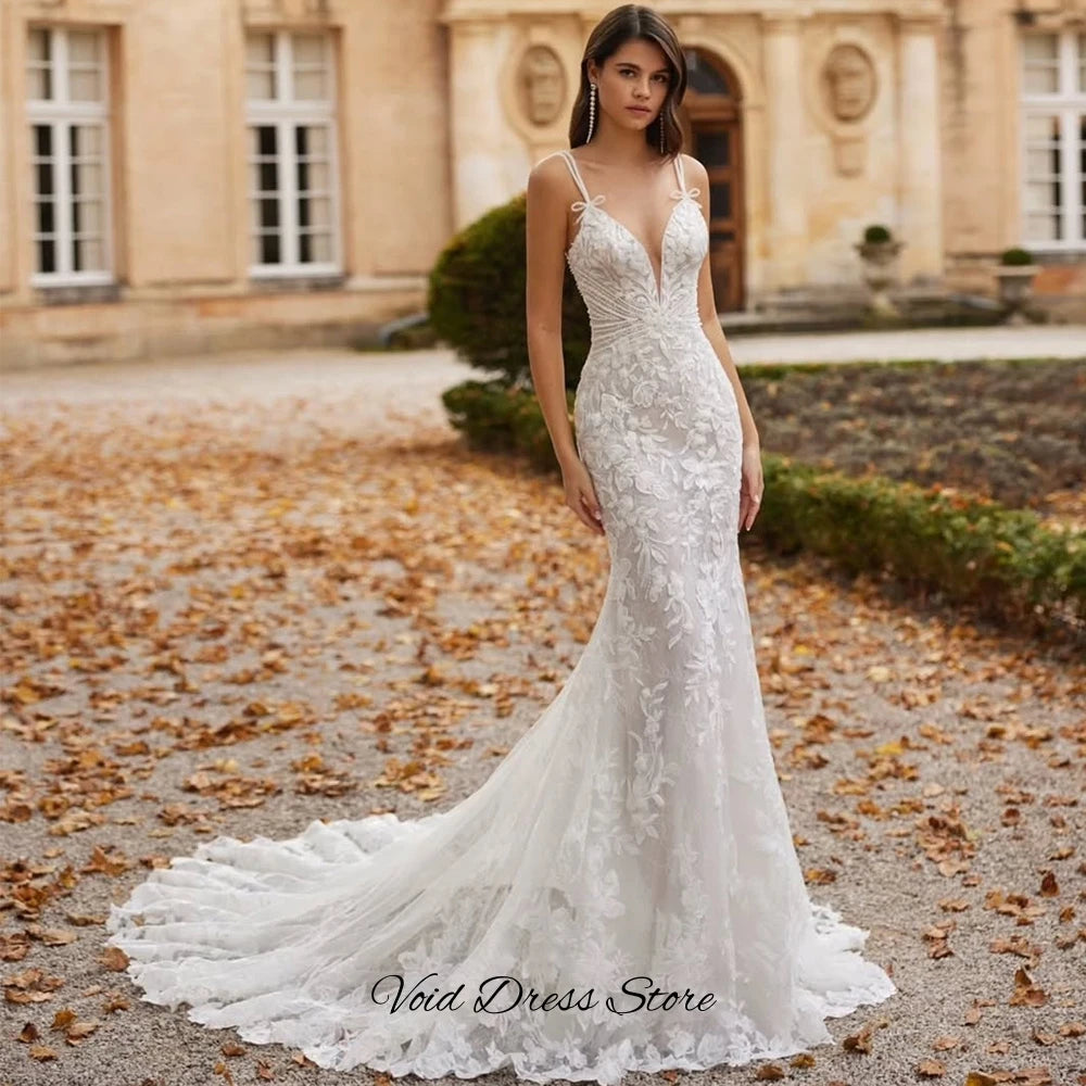 Elegant Mermaid Sleeveless Wedding Dress Exquisite Appliques Tulle Vestido De Novia Customized Backless Strapless Robe de mariée