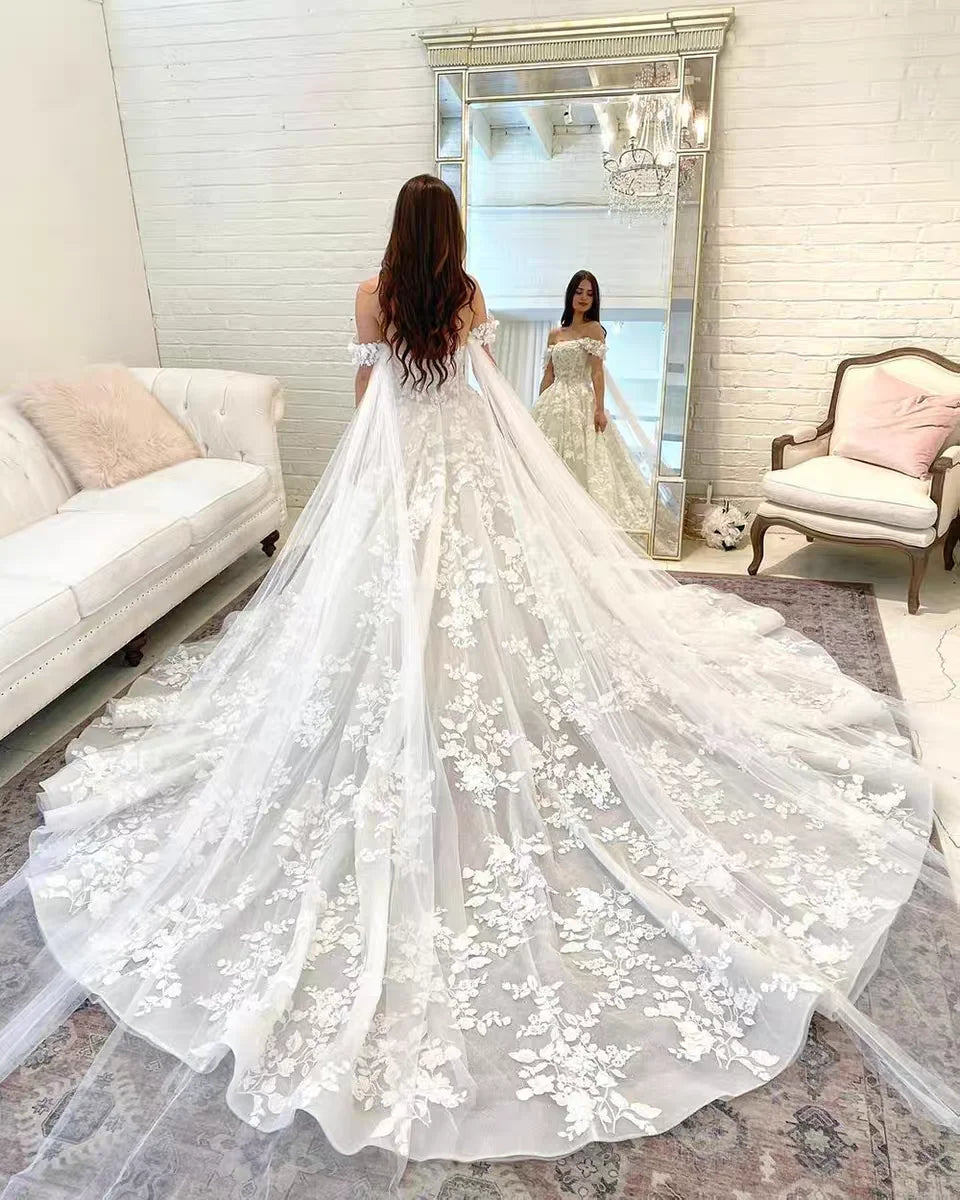 Sweetheart Off-Shoulder Appliqué Lace Ball Gown Wedding Dress