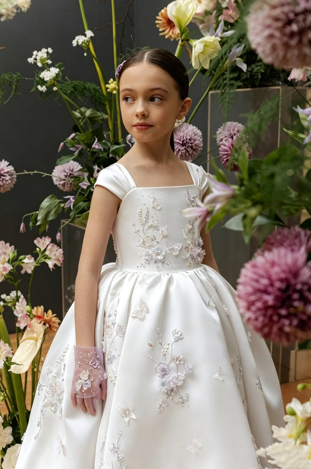 Floral Applique Tea Length Flower Girl Dress