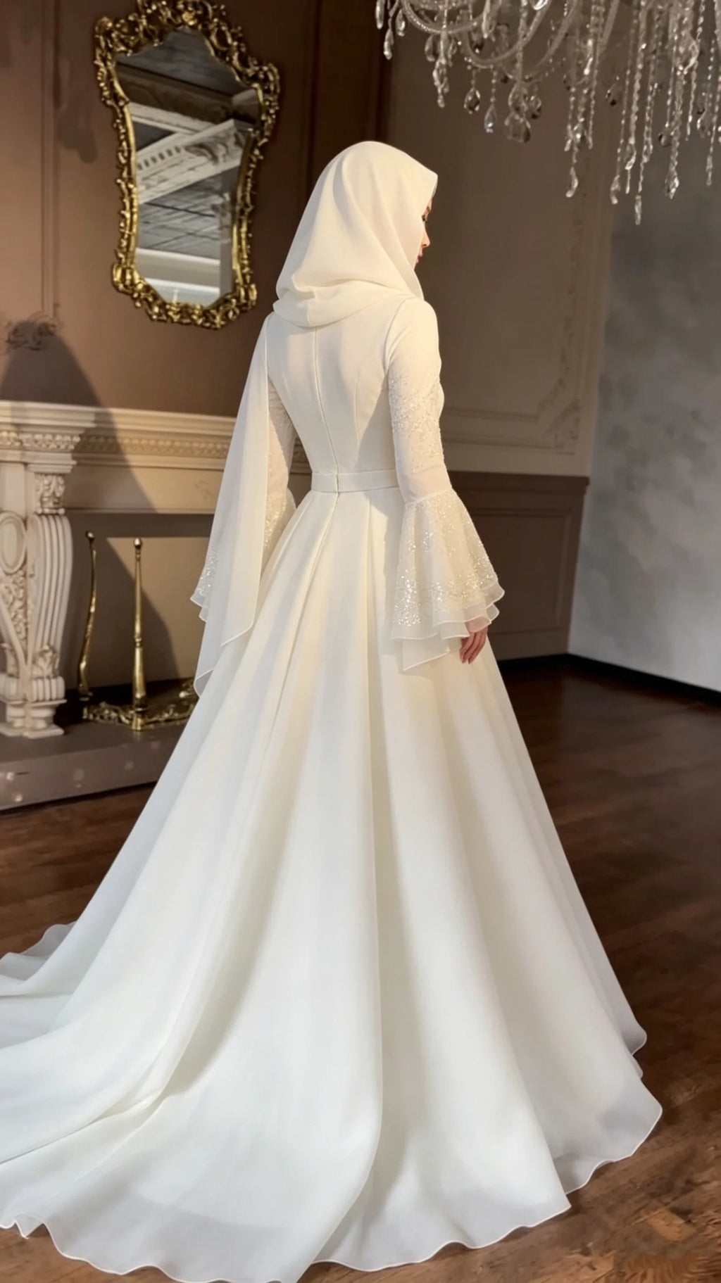 Custom Muslim Wedding Dress High Neck Chiffon Ball Gown with Hijab Bell Sleeves Modest Bridal Gown with Sparkly Cuffs