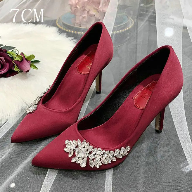 2026 New Bride White Wedding Shoes Women's Champagne Bridesmaids Shoes High Heels Wine Red Shoes