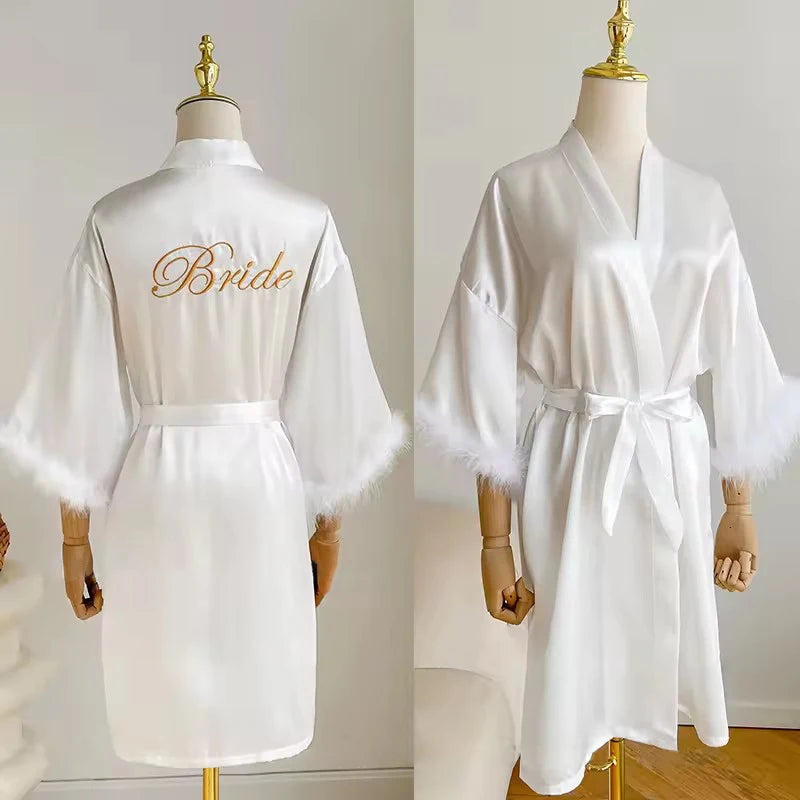 Feather Trim Satin Bridal Robe