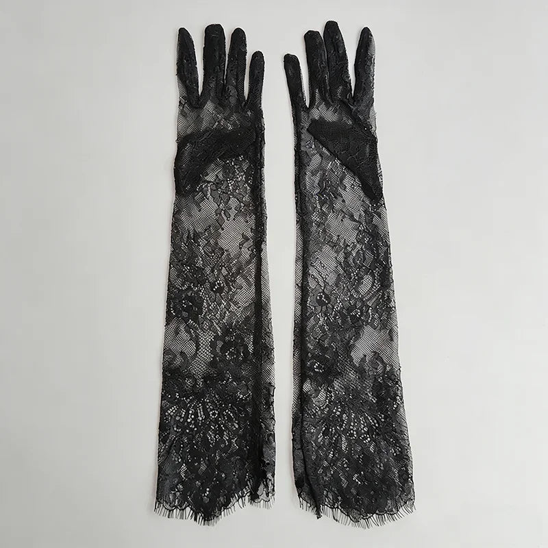 Fairy Long Black Lace Gloves Sexy Mesh Hollow Out Bridal Glove Thin Sunscreen Elbow Gloves Wedding Dress Photography Accessories