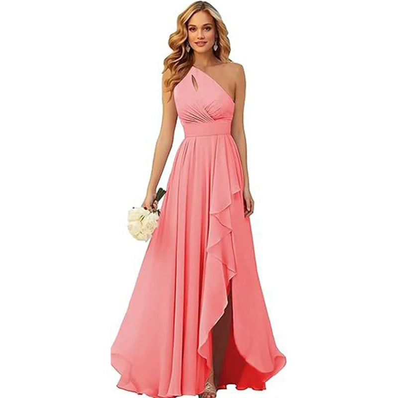 A Line Chiffon Bridesmaid Dresses One Shouder Slit Pleat Elegant Wedding Party Formal Prom Evening Lace Up Back