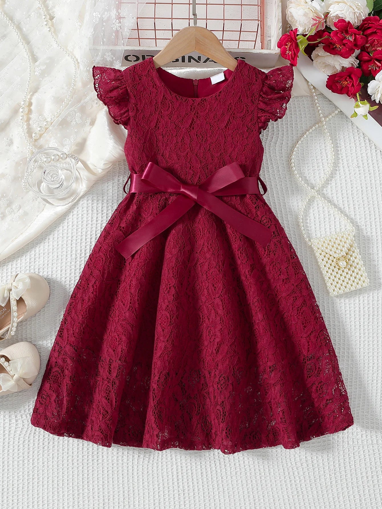 Lace Belted Girls' Formal Dress