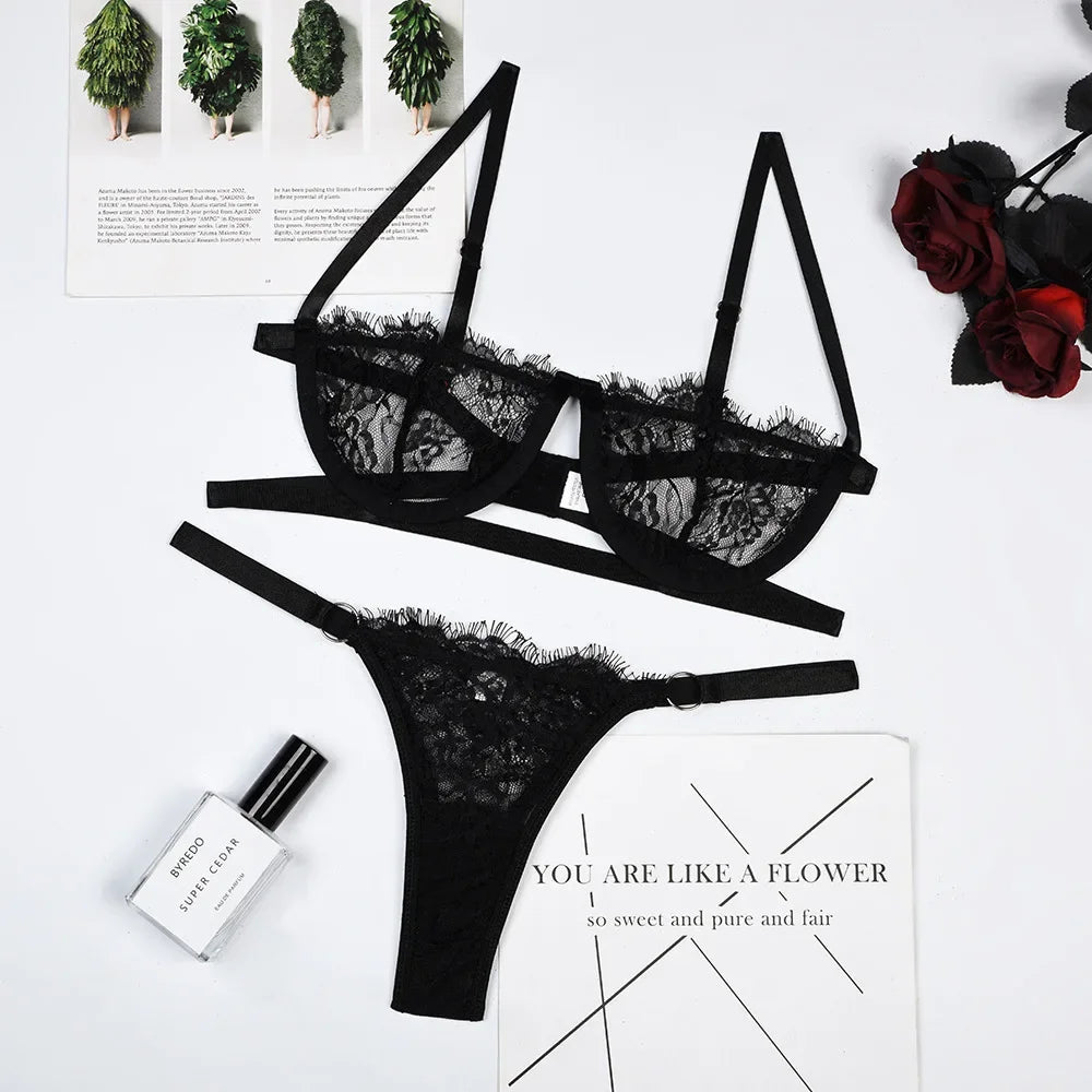Embroidered Sheer Lace Bra & Brief Set