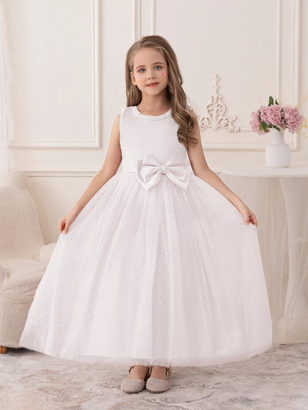 Girls Wedding White Dress Puffy Gauze Skirt Flower Children's Skirt Bridesmaid Evening Dress
