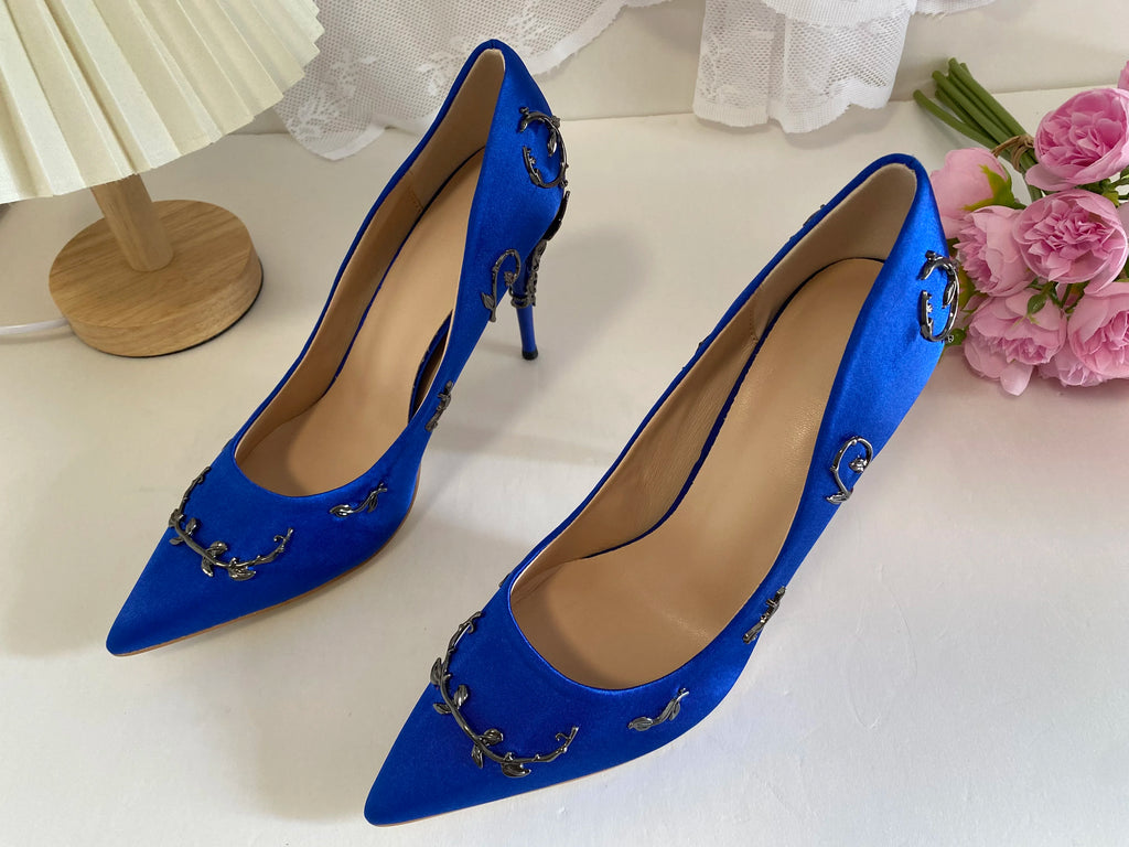 Luxury Leaves Metal Heel Pumps Women Shoes Pointed Toe Blue White Pink Black Silk Stiletto High Heels Wedding Bride Shoes 10cm