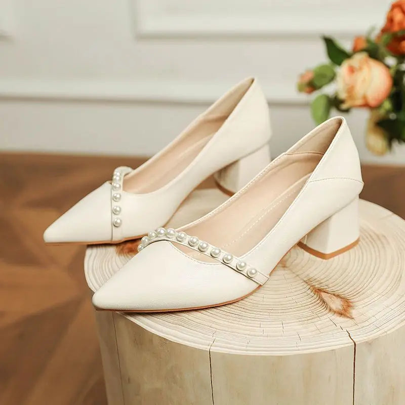 With Medium Heels Shoes for Women 2025 Wedding Bride Shoe White Ladies Summer Footwear Pearl Office Slip on Lastest Casual Trend