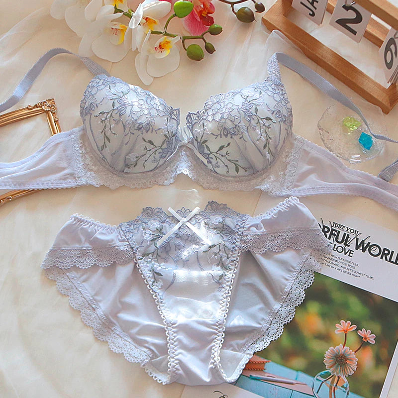 Bridal Floral Embroidery Lace Women Lingerie Set Thin Round Home with Steel Ring Bra Underpants Suit