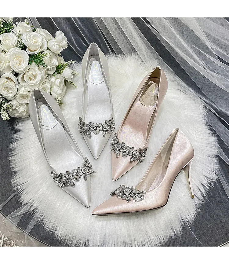 New White Champagne Women Bridal Wedding Shoes Faux Silk Satin Rhinestone Crystal Shallow Pumps Stiletto High Heel