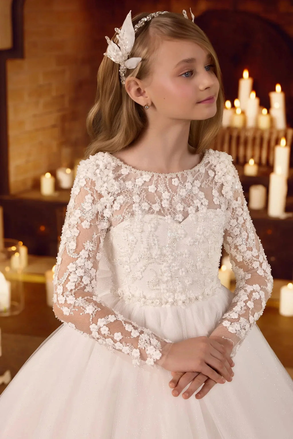 White Tulle Flower Girl Dresses For Wedding Long Sleeve Lace Princess Birthday Party Gowns Customized First Communion Dress