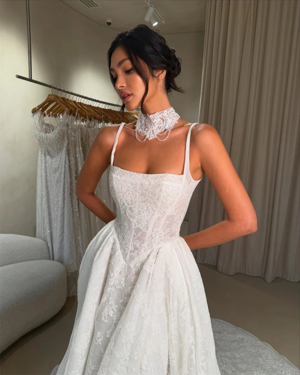 Square-Neck Off-Shoulder Long-Sleeve Satin Mermaid Wedding Dress