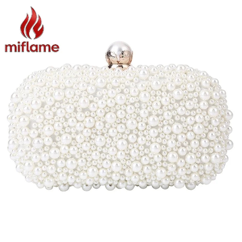 Elegant Pearl Evening Shoulder Bag Soft Small Square Purse with Lock for Women Wedding Bridal Crossbody Party