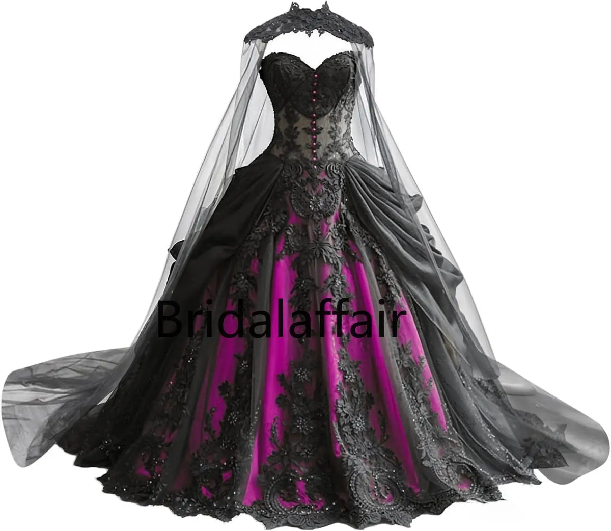 Gothic Weeding Dresses for Brides Black Lace Applique Bridal Dresses Embroidery Tiered Tulle Wedding Gowns with Cape