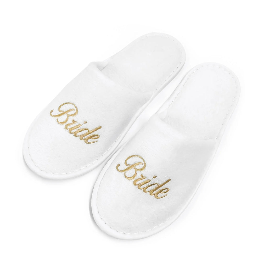 Bridal Party Slippers Set, Close-toe With Golden & Pink Embroidery, Lightweight Plush Cozy Flats, Non-slip Soft Sole For Bride