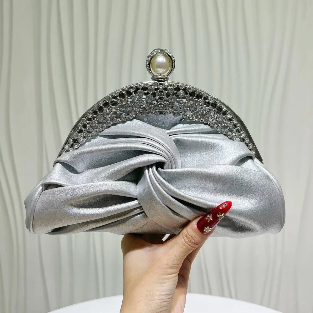 Sparkly Rhinestone Evening Clutch Pleated Satin-like Bridal Wedding Purse Glittery Chic Luxury Party Pochette Bride