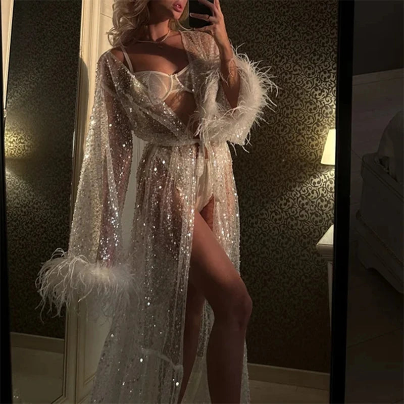 Ladies Club Party Coquette Transparent Shiny Robe Maxi Dresses for Women Bride's Wedding Morning Luxury Bridal Robe Dress