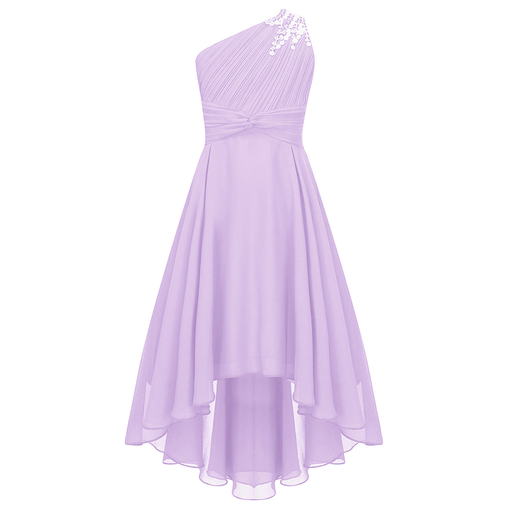 Kids Wedding Flower Girls Dress Shiny Beaded One Shoulder Chiffon Princess Dress Elegant Evening Pageant Birthday Party Gown