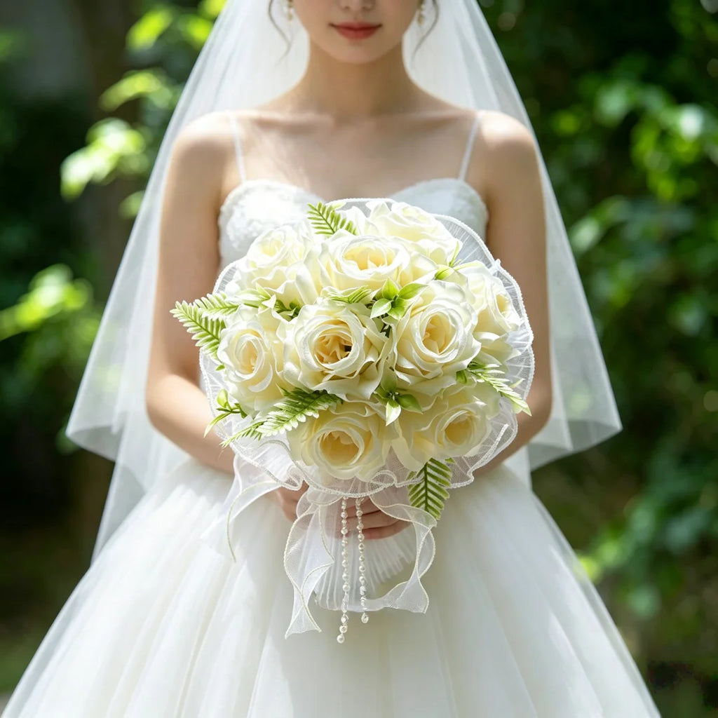 Pearl Rose Bridal Bouquet Artificial Silk Flower Hand Bouquet Pearl Lace Mesh Ball Ribbon Elegant Wedding Bridesmaid Bouquet