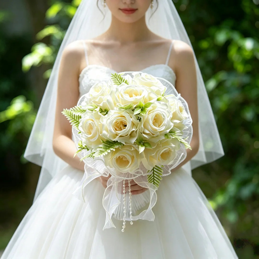 Pearl Rose Bridal Bouquet Artificial Silk Flower Hand Bouquet Pearl Lace Mesh Ball Ribbon Elegant Wedding Bridesmaid Bouquet