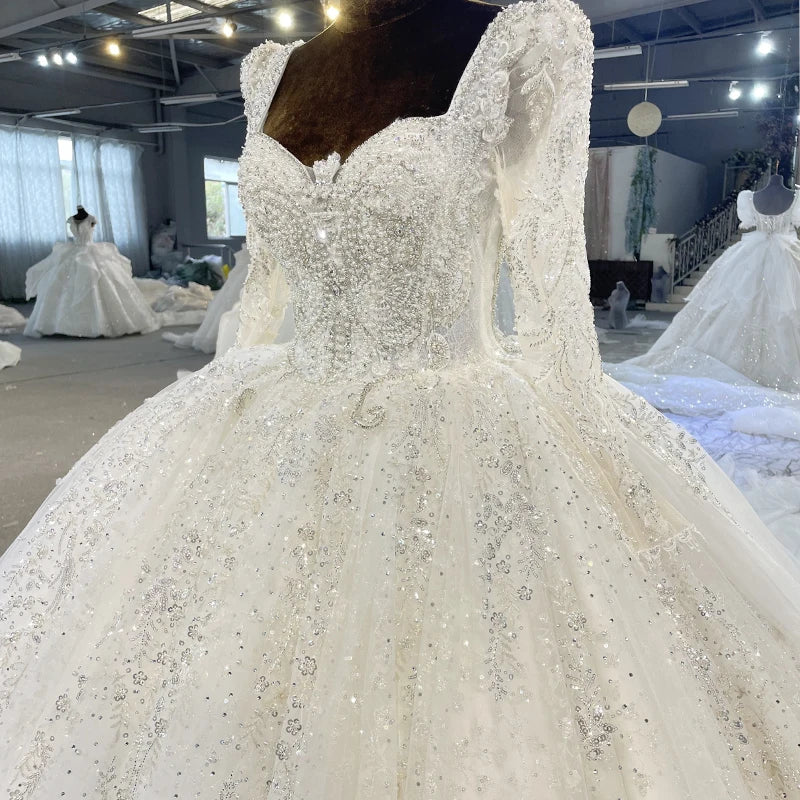 Beaded Crystal Square-Neck Organza Ball Gown Wedding Dress