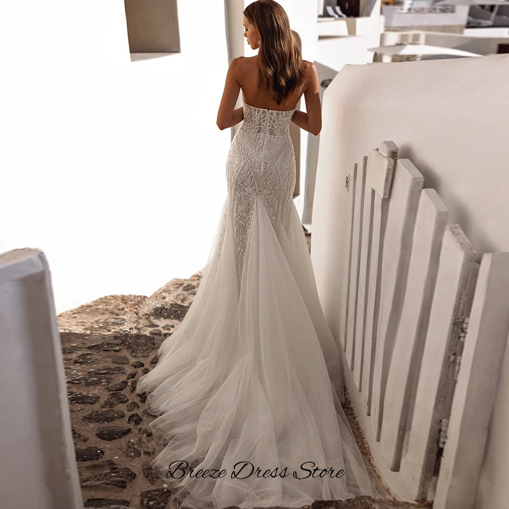 Strapless Beaded Applique Mermaid Bridal Gown