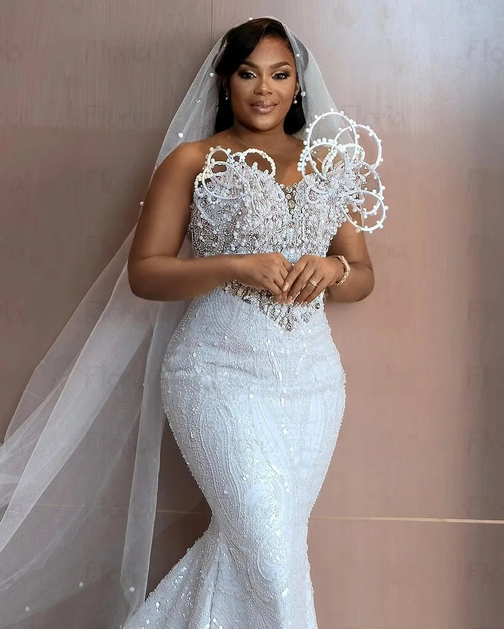 Beaded Lace Mermaid Wedding Dress with Court Train