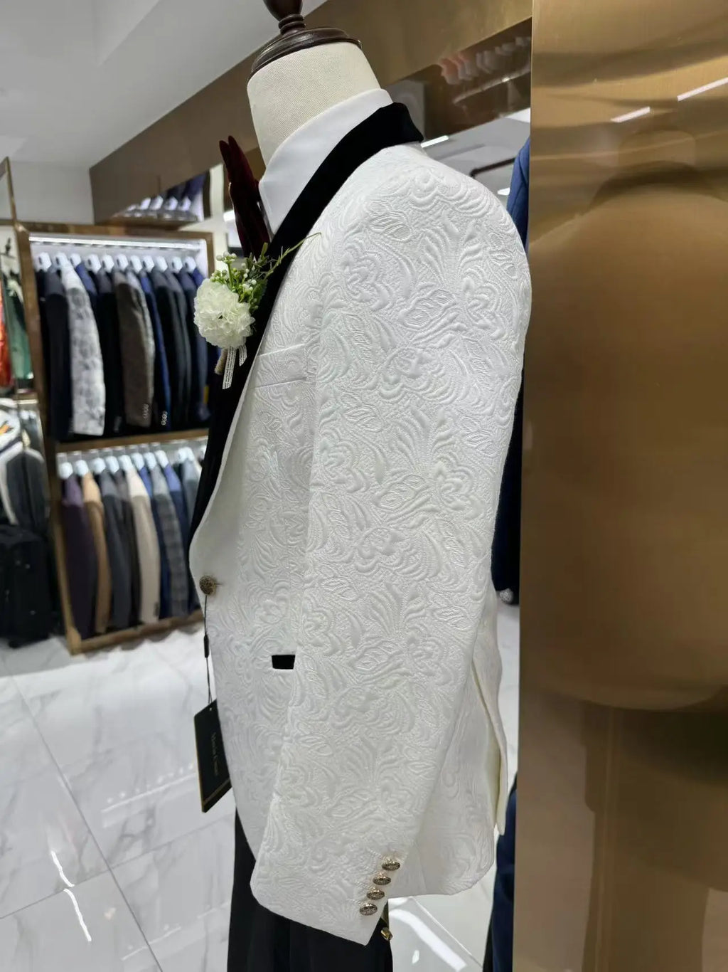 Thorndike Mens Wedding Suits White Jacquard with Black Satin Collar Tuxedo3 Pcs Groom Terno Suits for Men(Jacket+Vest+Pants)