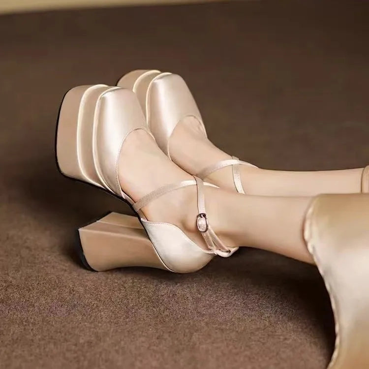 White Satin Wedding Shoes Platform Super High Heels New Small Block Heel Single Shoes
