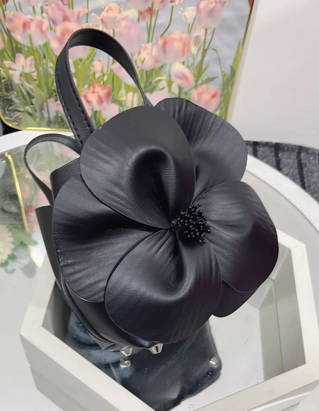 3D Floral Soft PU Leather Women Small Bucket Handbag Wedding Purse Dress Party Evening Bridal Clutch Bag