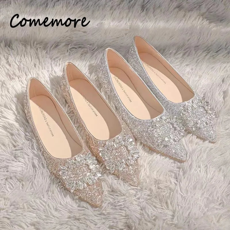 Comemore Champagne Color Flat Shoes Female Pointed Autumn Summer New Silver Low Heel Rhinestone Wedding Bridal Shoe Pumps