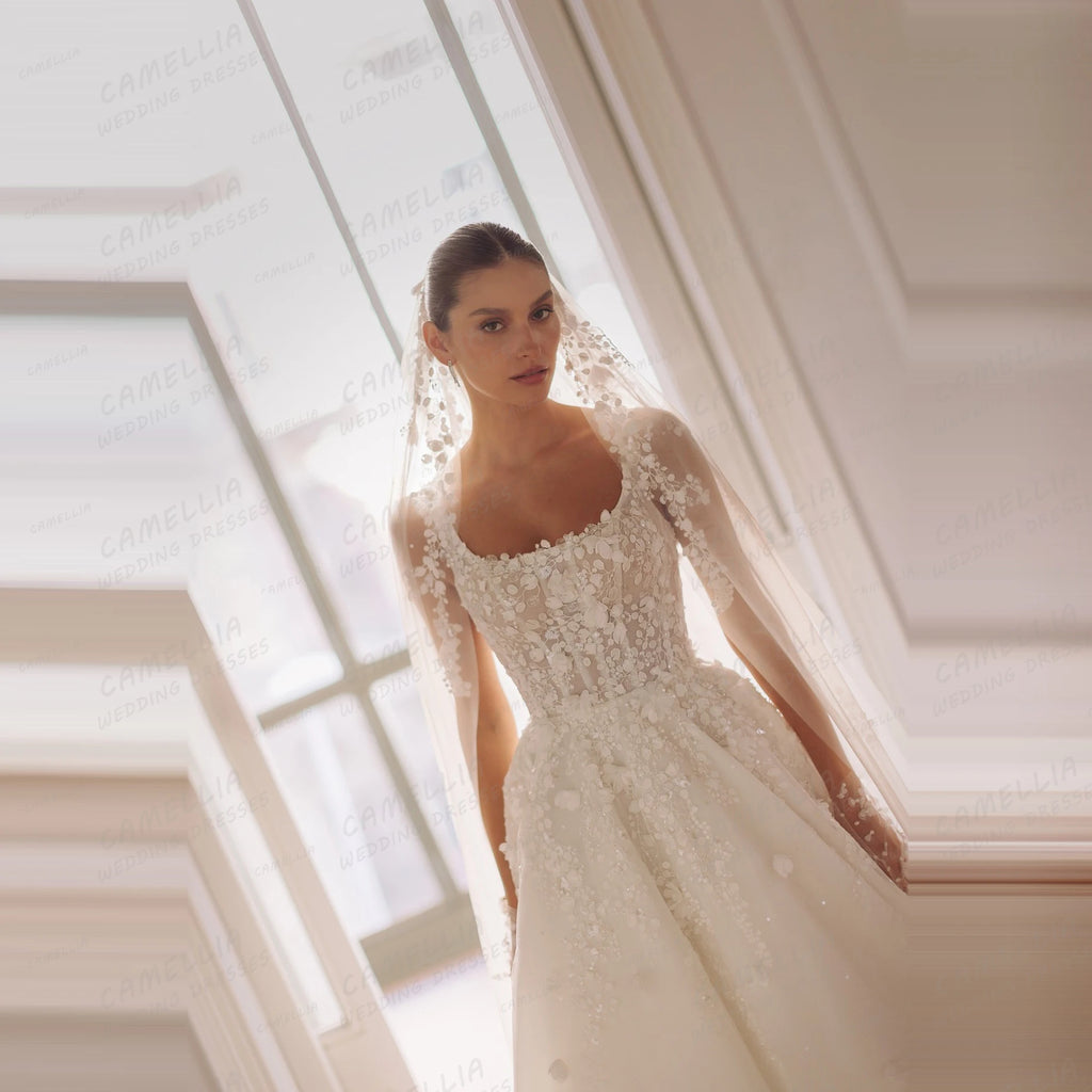 Graceful Elegant Wedding Dresses Women's A Line Long Sleeve Appliques Bridal Gowns Boat Neck Formal Vestidos De Novia Customized