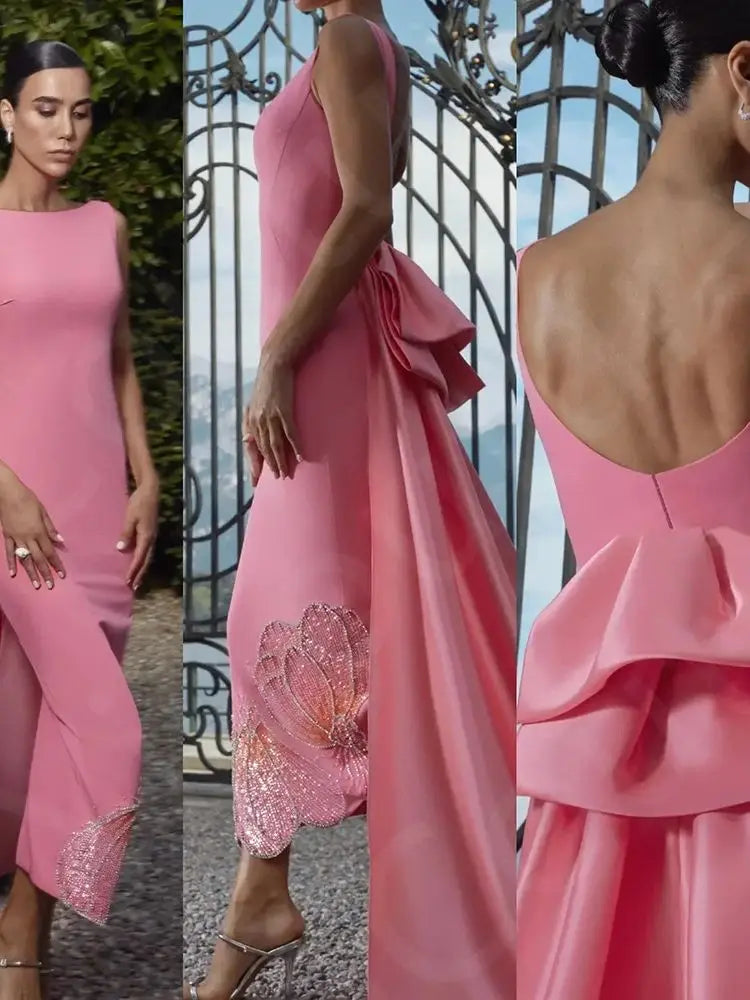 Customized Latest Pink Evening Dresses  Prom Gowns High Low with Train Beading Wedding Party Dresses Back Out Sleeveless