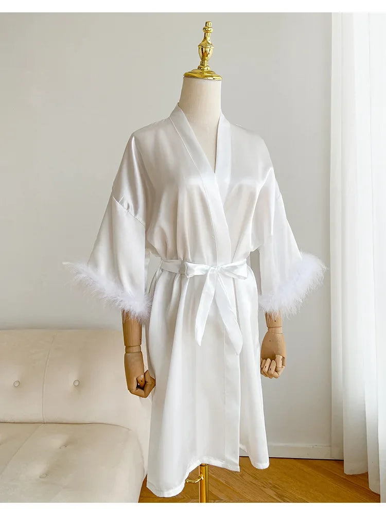 Feather Trim Satin Bridal Robe