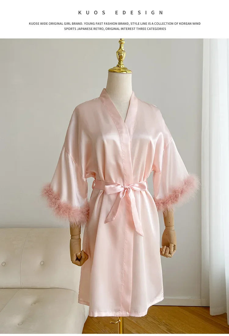 Feather Trim Satin Bridal Robe