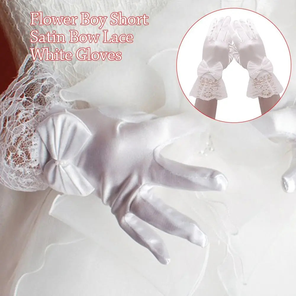 Elegant White Children's Wedding Gloves Short Glossy Satin Etiquette Dress Gloves Bow Knot Elastic Lace Gloves Holiday