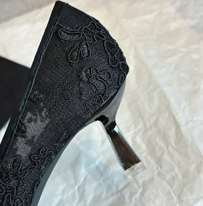 Wedding Shoes Bridal Pumps for Women Elegant Lace with Bow Decor Pointed Toe Mesh Stiletto Heels Comfortable Classic Party