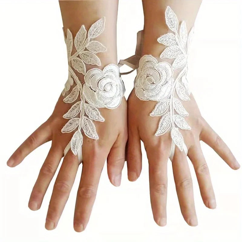 Lace Bridal Gown Gloves Handmade Fingertip-less Gloves for Western Theme Wedding Party, Women's Sleeveless Gloves