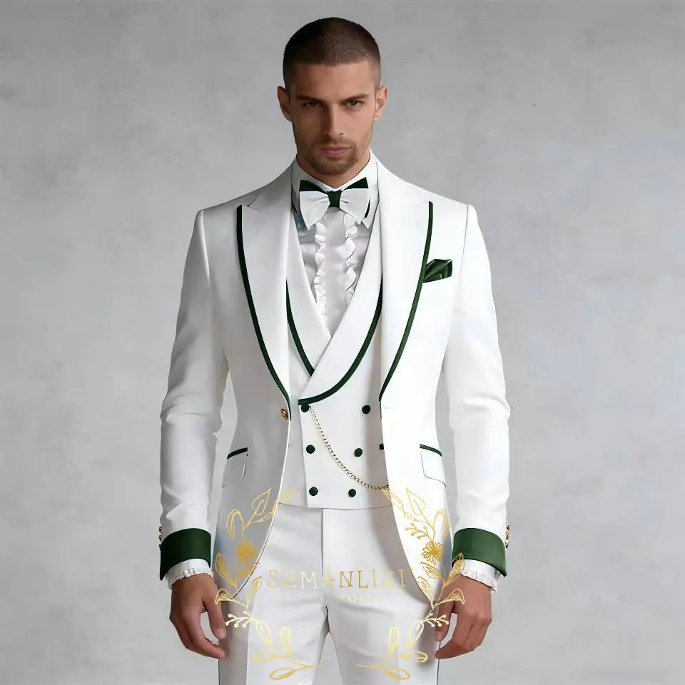 Fashion Luxury Tailor-made White Suits For Men 3 Piece Set Slim Fit Formal Wedding Best Man Groom Tuxedos (jacket+Vest+Pants)