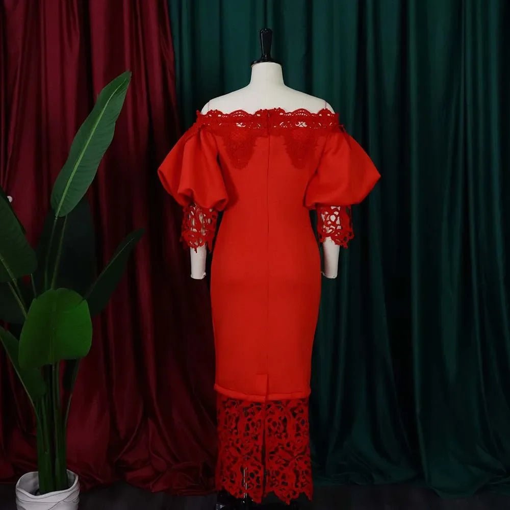 Off-Shoulder Lantern Sleeve Lace Sheath Dress