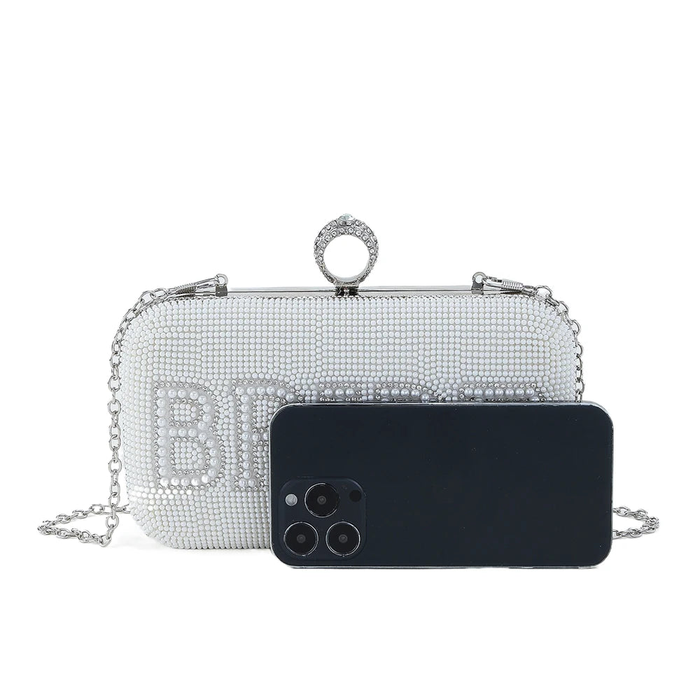Pearl BRIDE Clutch Purse White Rhinestone Shoulder Handbags Bridal Wedding Evening Bag Ladies Party Decoration MRS Gift Present