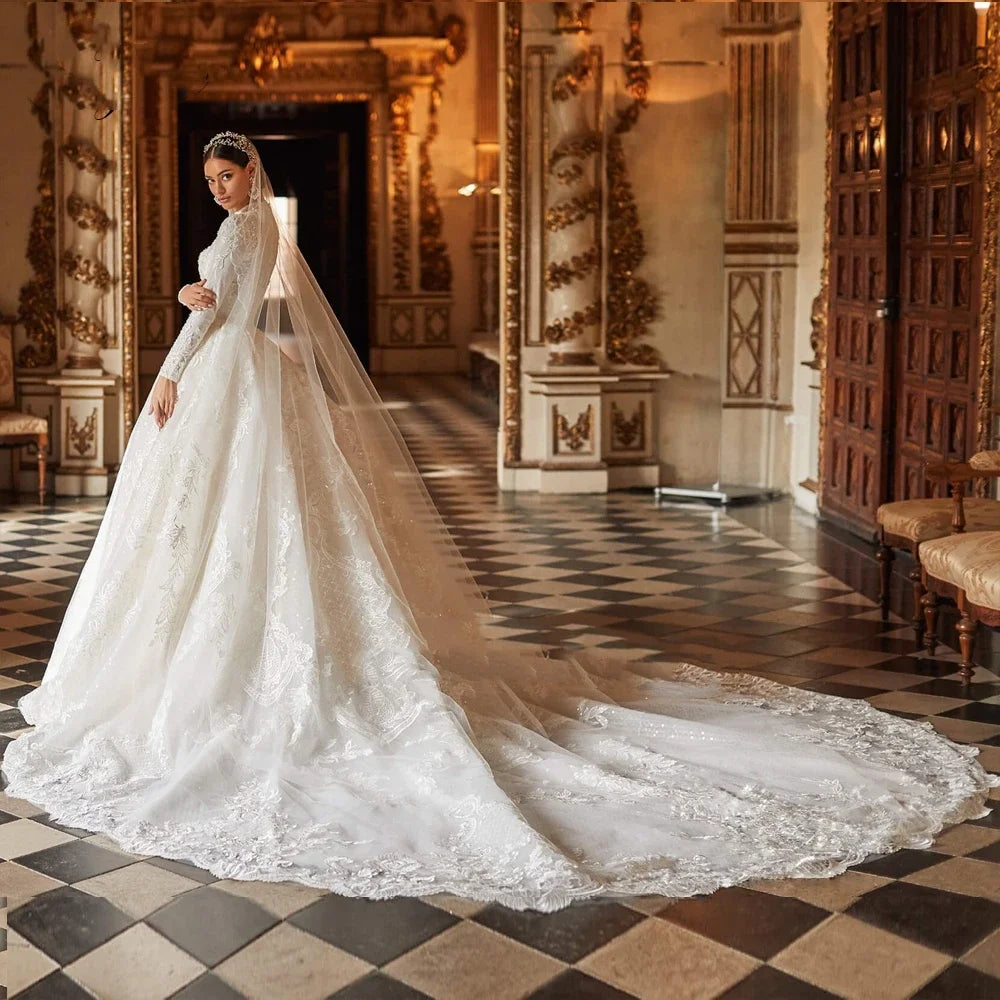 Customized Muslim Wedding Dresses High Collar Beading Appliques Lace Full Sleeves Princess Bride Gowns Vestidos De Novia