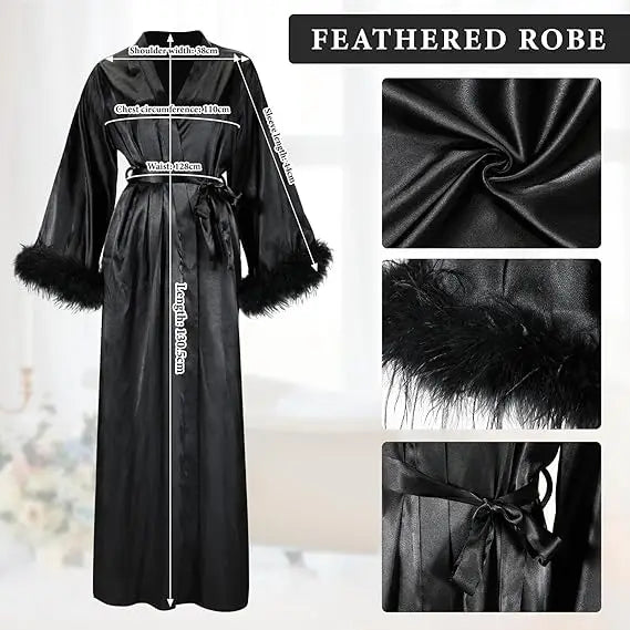 Long Satin Feather Trim Bridal Robe