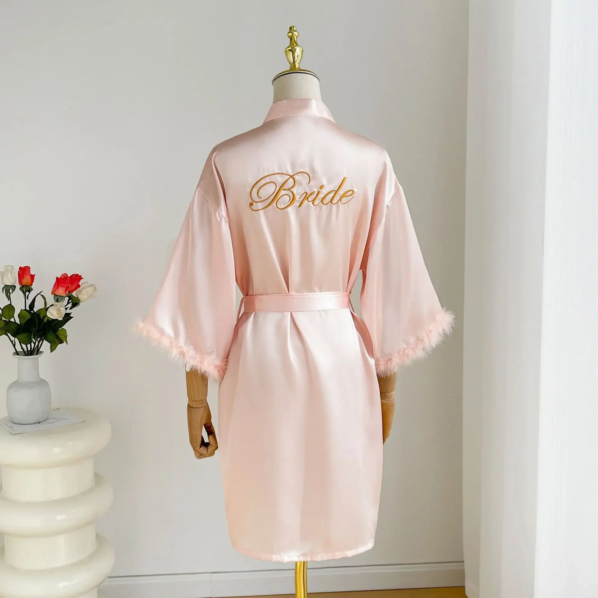 Feather Trim Satin Bridal Robe
