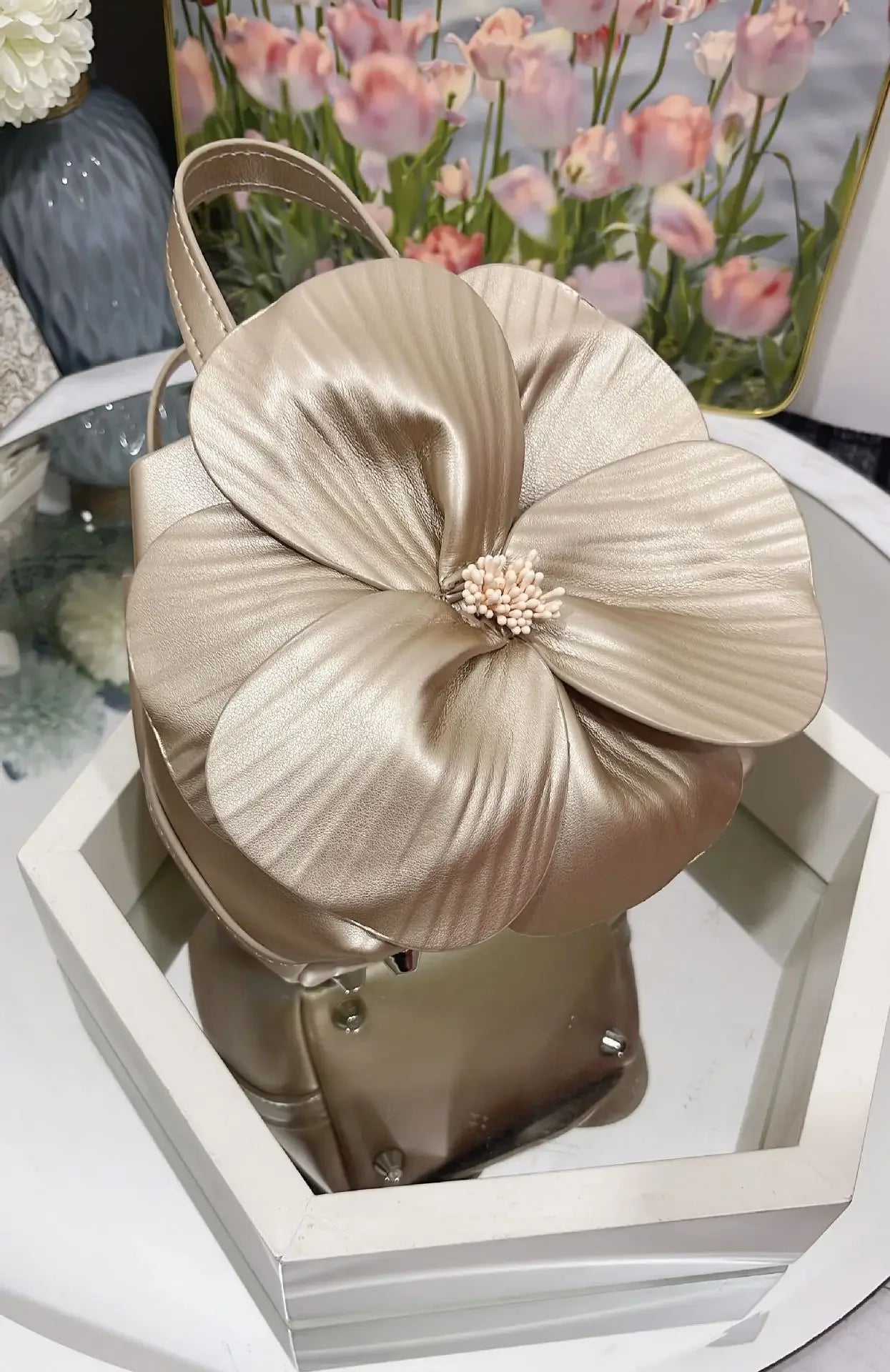 3D Floral Soft PU Leather Women Small Bucket Handbag Wedding Purse Dress Party Evening Bridal Clutch Bag