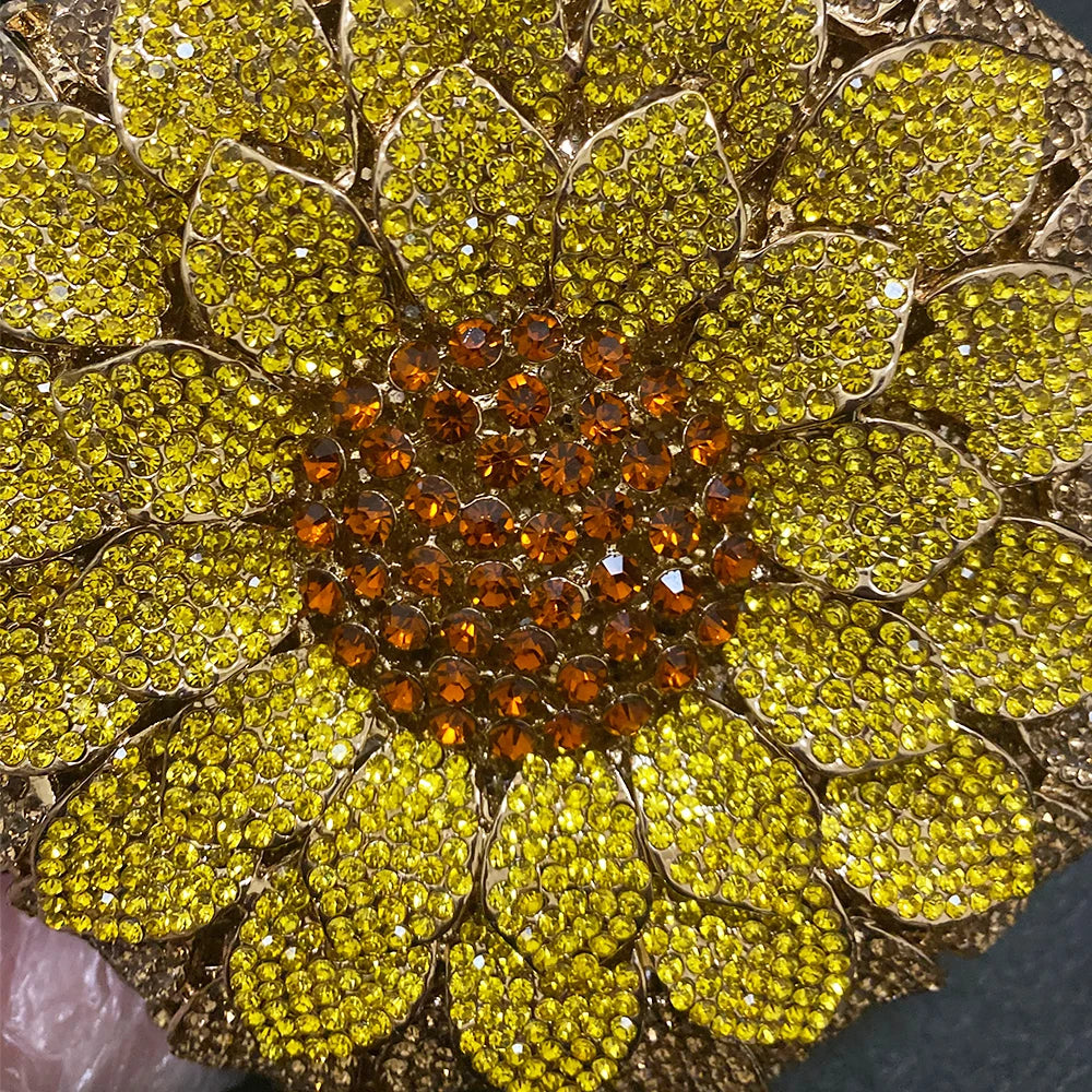 Gold/Yellow Sunflower Clutch Crystal Round Evening Bags Women Wedding Purse Bridal Bags Party Dazzling Diamond Handbags Minaudie