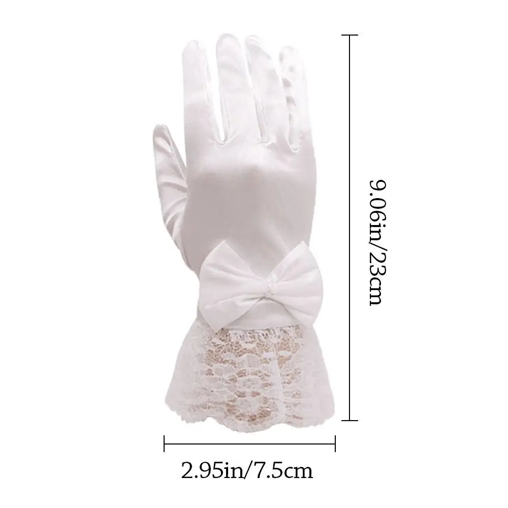 Elegant White Children's Wedding Gloves Short Glossy Satin Etiquette Dress Gloves Bow Knot Elastic Lace Gloves Holiday