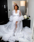 White Bridal Dress Ruffles Puffy Tulle Maternity Dresses for Photoshoot Women Bridal Robe Pregnancy Long Sleepwear Nightwear