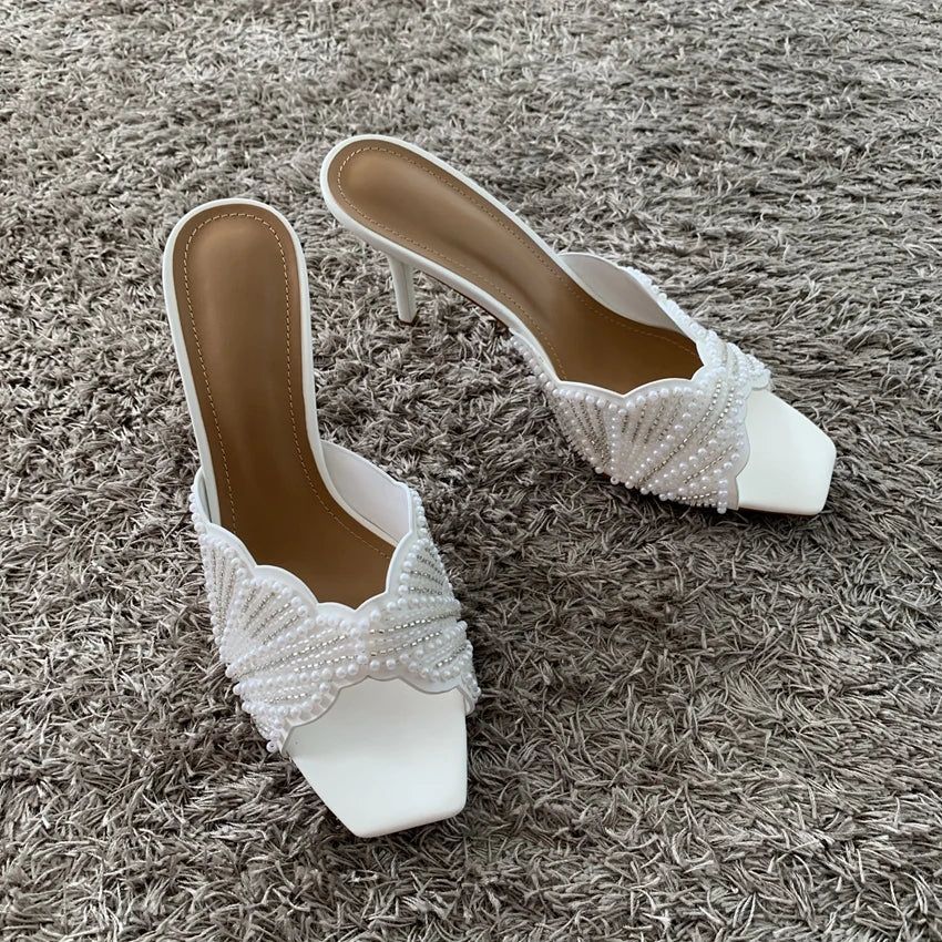Elegant Summer High Heels Women Mules Sandals Open Toe Pearl Beaded Female Stilettos Slip on Party Wedding Dress Shoes Woman